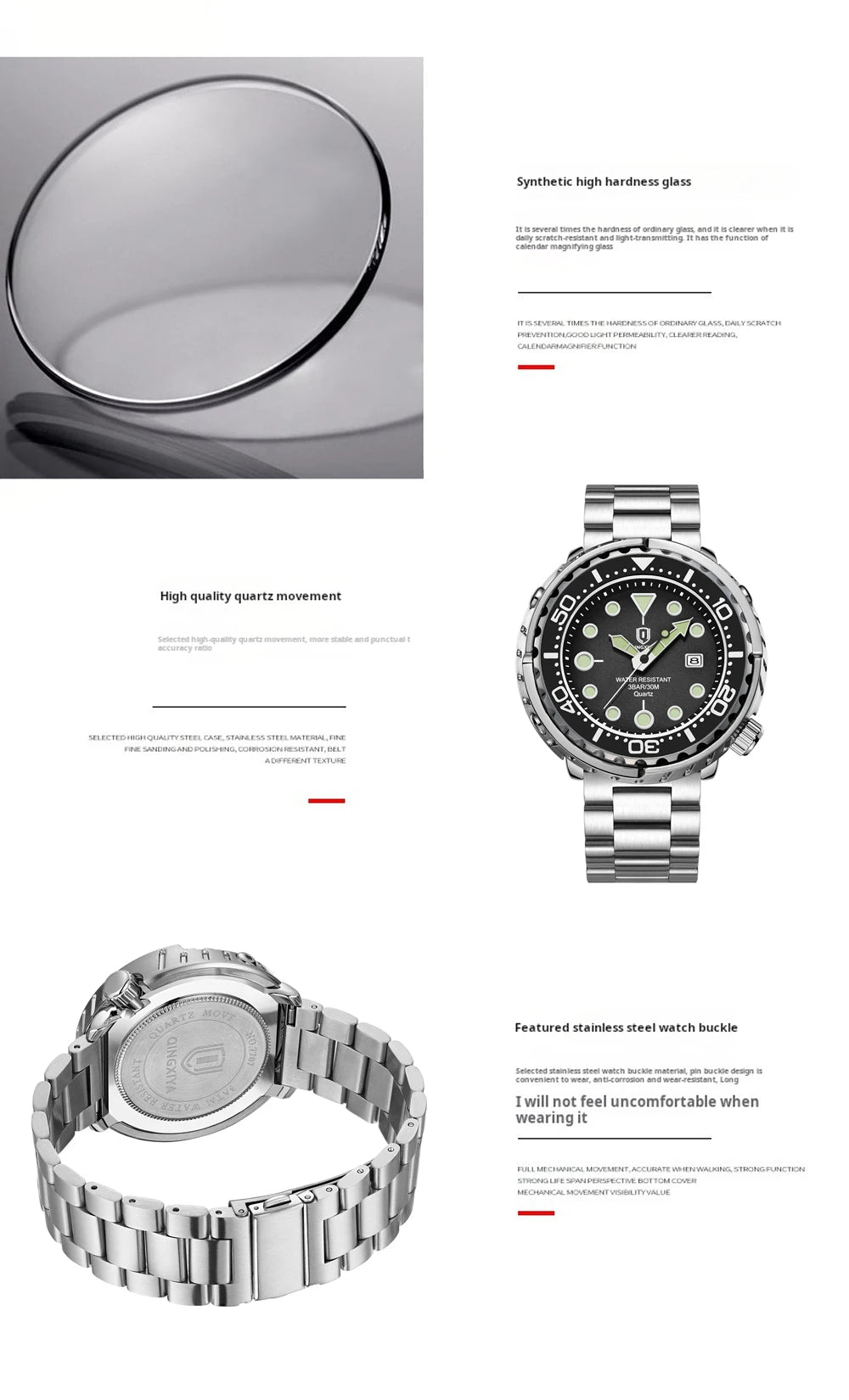 Montres pour homme QINGXIYA : montres de luxe à quartz pour homme, tendance, étanches, luminescentes, avec date et cadran rotatif, en acier inoxydable