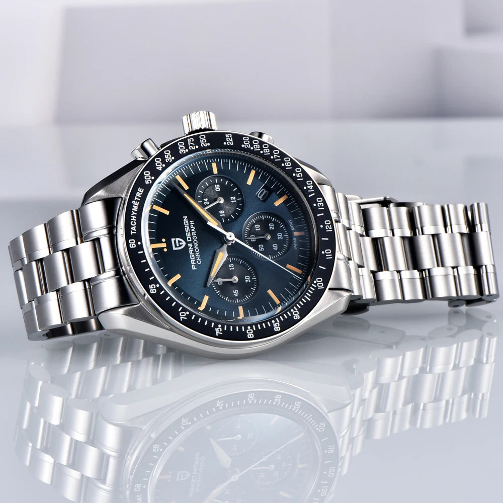 Orologio da uomo PAGANI DESIGN «New Moon» – Orologio al quarzo di lusso, cronografo, vetro zaffiro con trattamento antiriflesso, lunetta in ceramica, lancette luminescenti