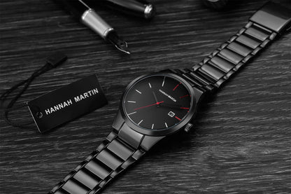 Hannah Martin Herrenuhr, Edelstahlgehäuse, Quarzwerk, 41-mm-Zifferblatt, Business-Stil, mit Kalenderanzeige (Imitation)