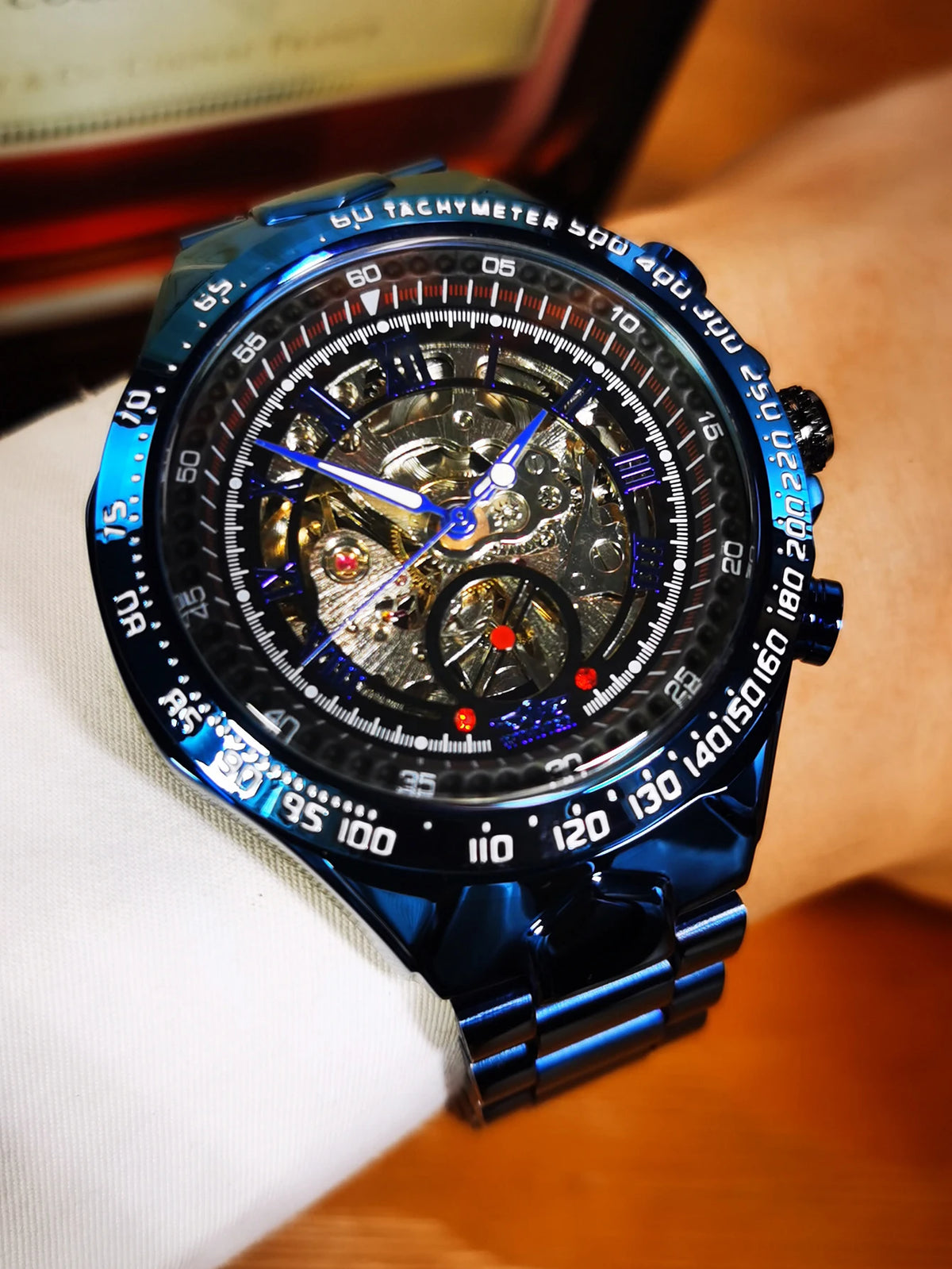 Automatikuhr für Herren WINNER – Transparentes Skelettmodell, leuchtende Zeiger, Edelstahlarmband, mechanische Uhr einer Luxusmarke