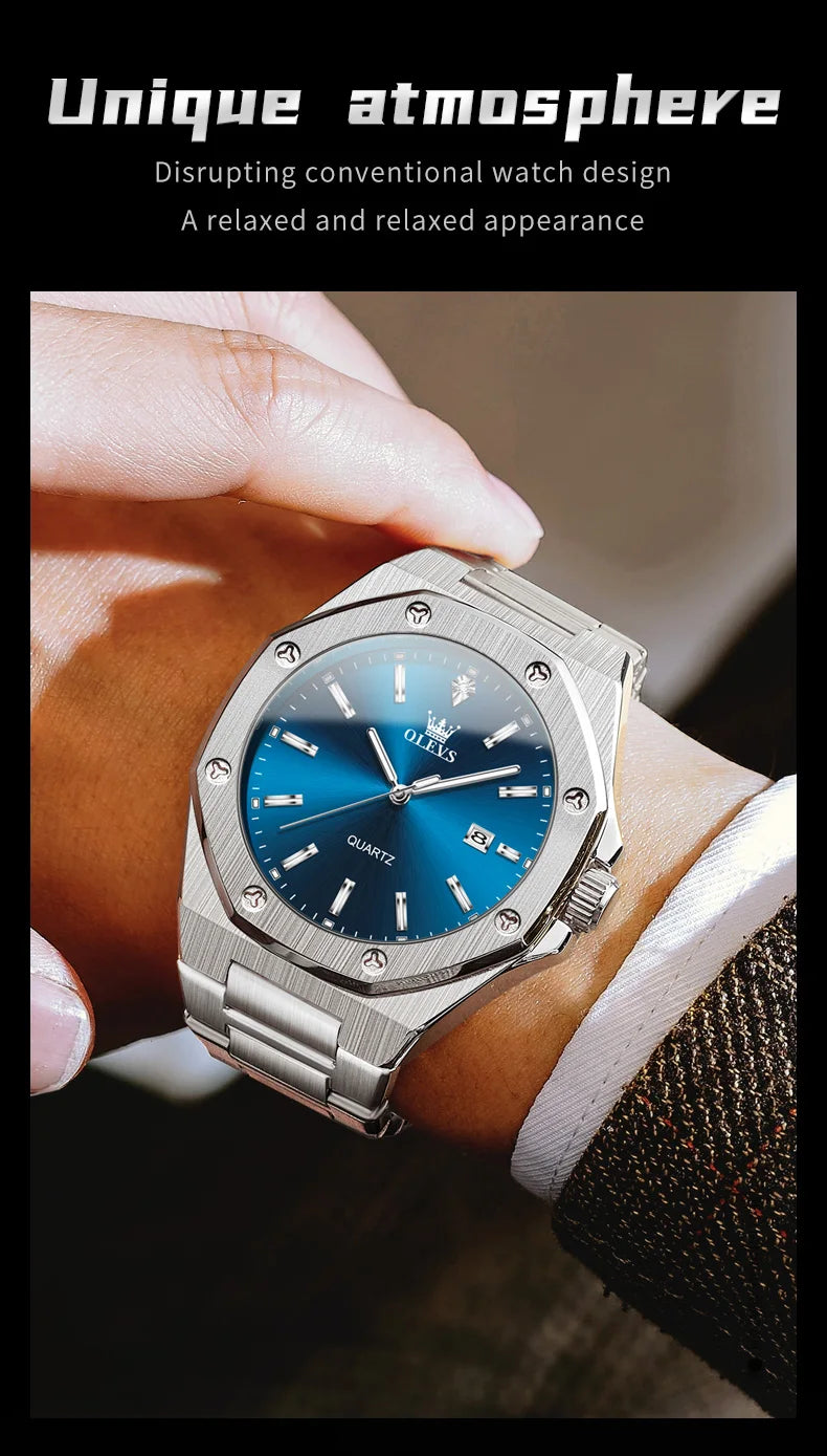 Montres OLEVS pour homme : montre de luxe classique à quartz, argentée et bleue, étanche, en acier inoxydable, luminescente, Reloj Hombre