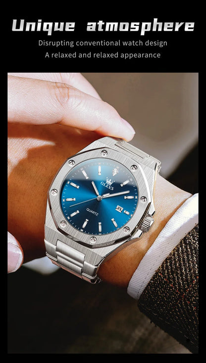 Montres OLEVS pour homme : montre de luxe classique à quartz, argentée et bleue, étanche, en acier inoxydable, luminescente, Reloj Hombre