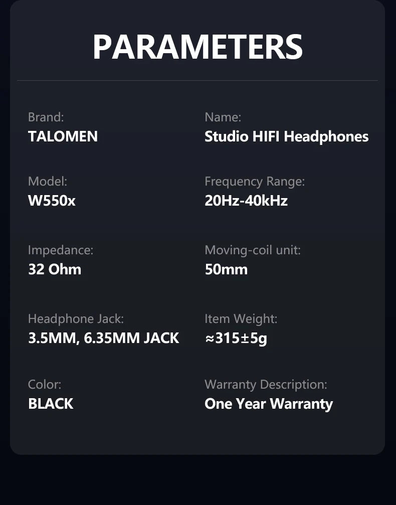 TALOMEN W550x Corded Studio Headphones Stereo Professional DJ Headphones Over-Ear Monitor Headphones with Detachable Cable