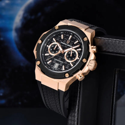 Orologio da uomo PAGANI DESIGN – Cronografo sportivo di lusso in oro rosa, dotato di un movimento al quarzo giapponese VK64 e di un cinturino in gomma fluorurata.