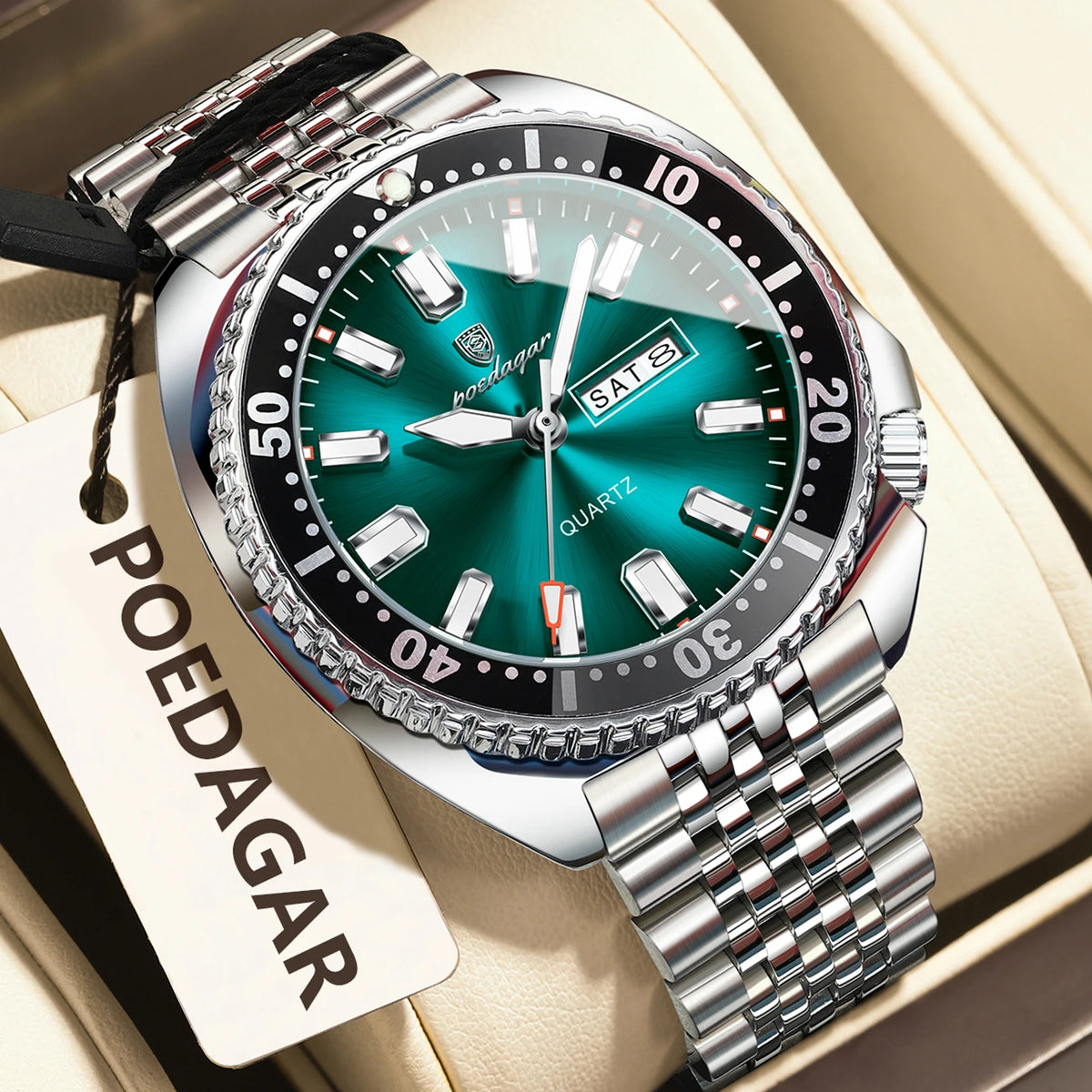 Orologio da uomo POEDAGAR di lusso, stile business, con data e giorno della settimana, impermeabile e luminescente, in acciaio inossidabile e con movimento al quarzo.