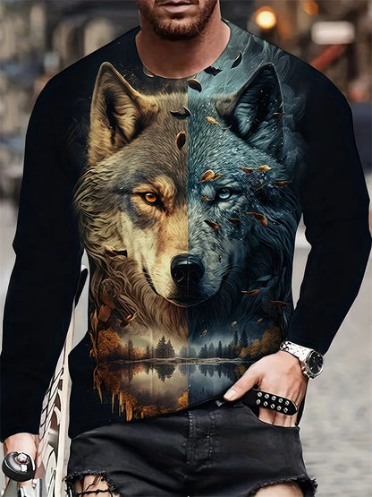 2024 New Wolf Print Men's Long Sleeve T-shirt Spring and Autumn Daily Casual Street Fashion Men's Long Sleeve T-shirt