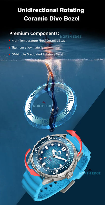 NORTH EDGE NEW+ TRITON-TI Titanium Solar-Powered Diving Watch Luxury Quartz Watches for Men 300M Waterproof 180+ Day Power