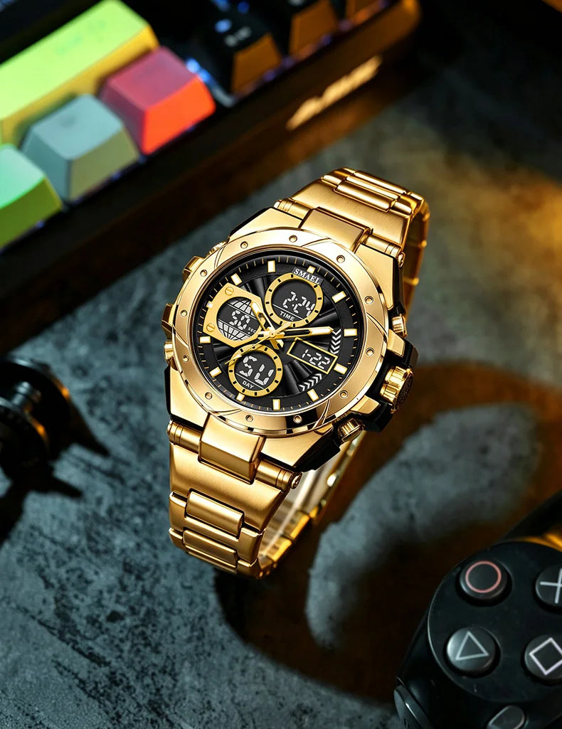 Herrenuhr SMAEL 8160 – Militär-Sportmodell, analog und digital, aus Edelstahl – Wasserdicht, mit LED-Anzeige, Wecker, Chronograph und Stoppuhr