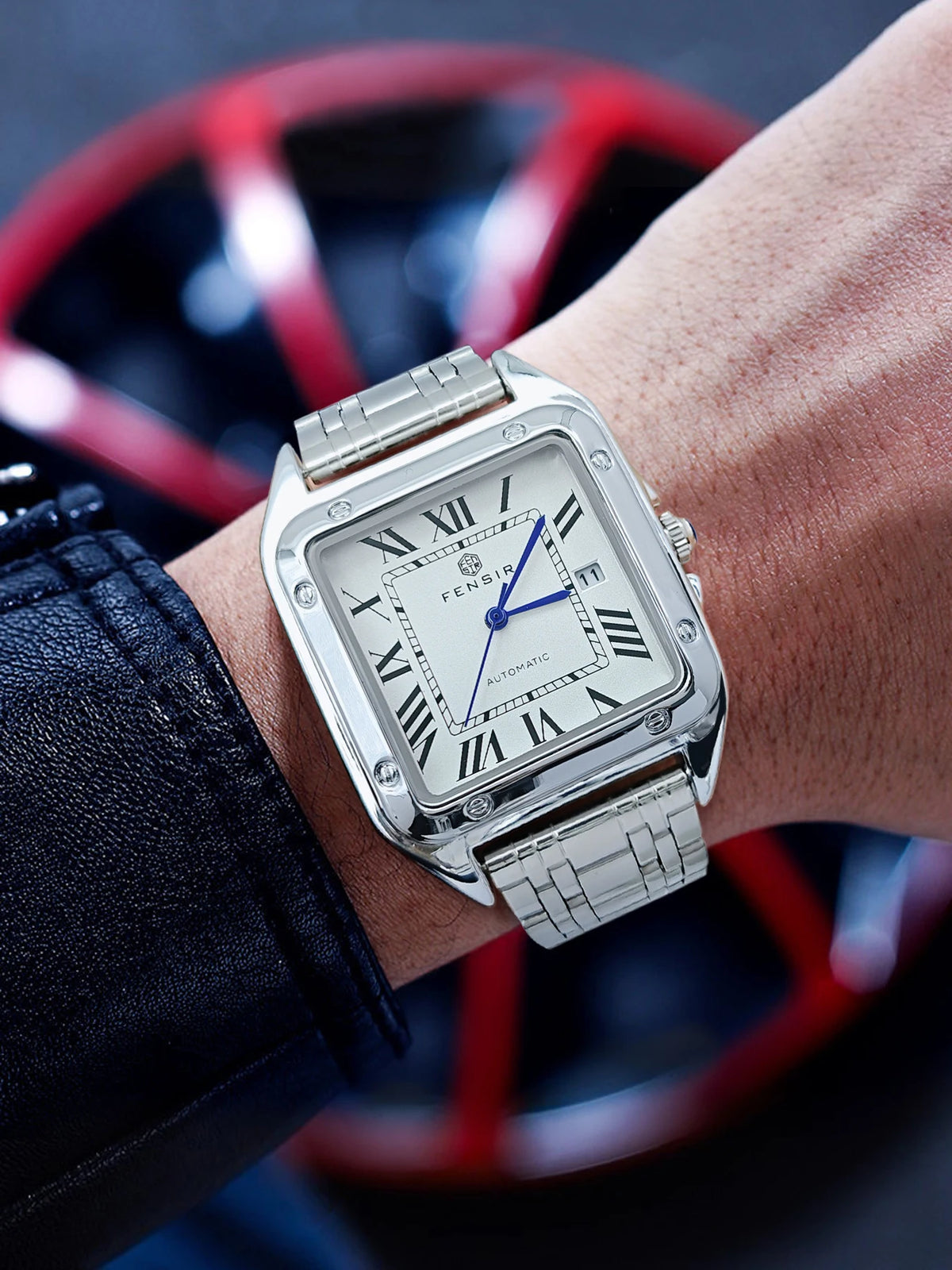 Montre carrée pour homme — Bracelet en acier inoxydable, affichage de la date