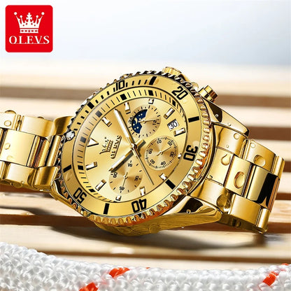Orologio OLEVS da uomo, marchio di lusso, orologio militare al quarzo dorato, impermeabile, datario luminescente, cassa in acciaio inossidabile.