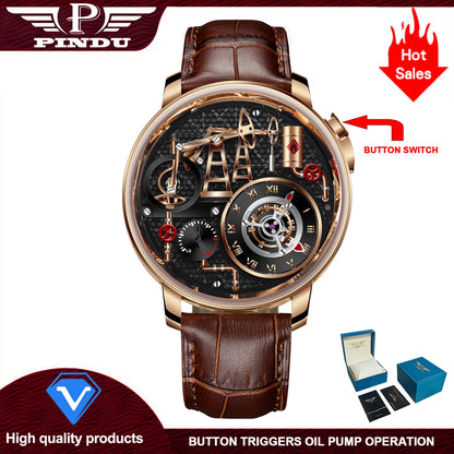 PINDU Design New Button Oil Pump Quartz Watch for Men Swiss Quartz 762 Movement Sapphire Waterproof Stainless Steel Men's Watch