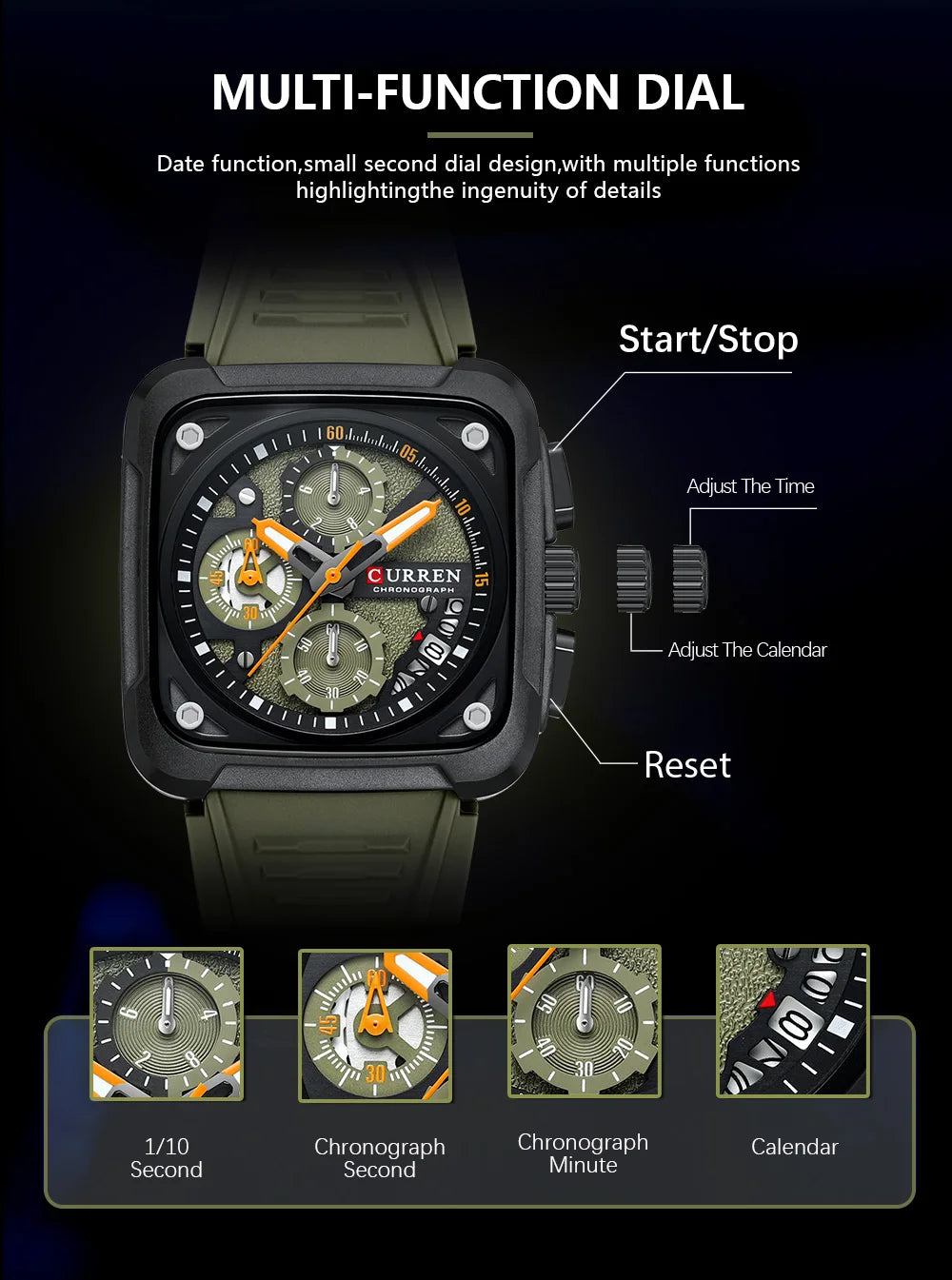 Montres pour homme CURREN : montre-bracelet de luxe à quartz, carrée, originale, étanche et luminescente, chronographe pour homme, Relogio