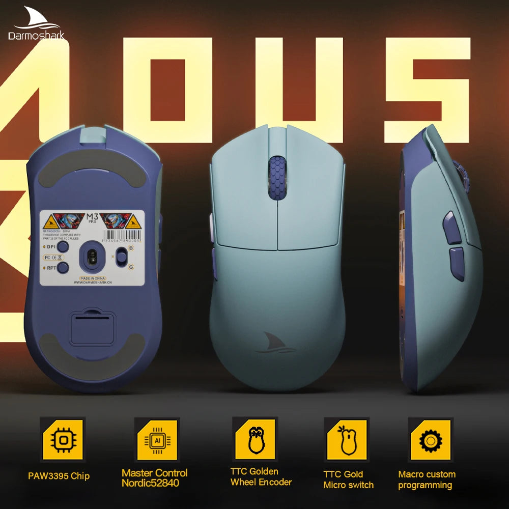 Darmoshark M3Pro Gaming Mouse 2.4G BT Wireless Tri-Mode PAW3395 Sensor N52840 26000DPI Big Hand Macro Driver Mouse For Gaming