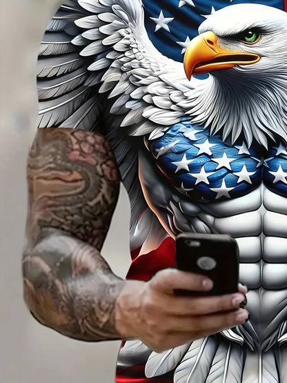 Vyriški patriotiniai marškinėliai su 3D erelio raštu, laisvalaikio, apvalia apykakle, trumpomis rankovėmis, vasarai, madingai aprangai ir lauko veikloms