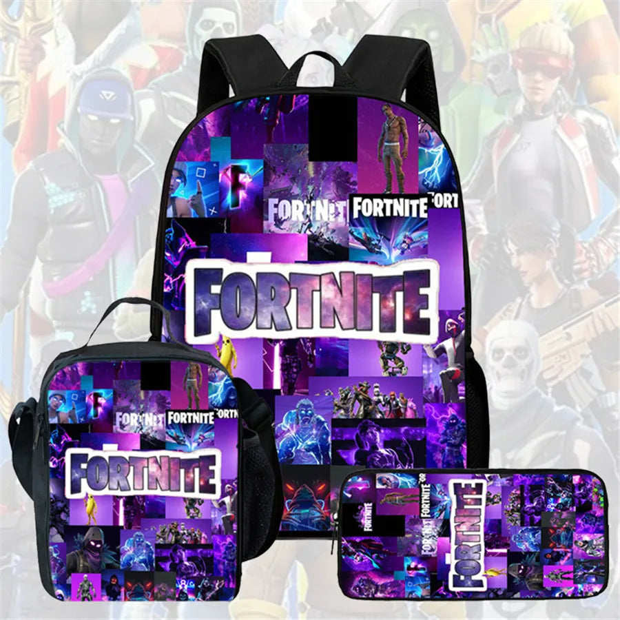 Fortnite Cartoon 3pcs Backpack Set for Boys Girls Unisex Including School Bag Lunch Bag Pencil Case Suitable for ages 5-8
