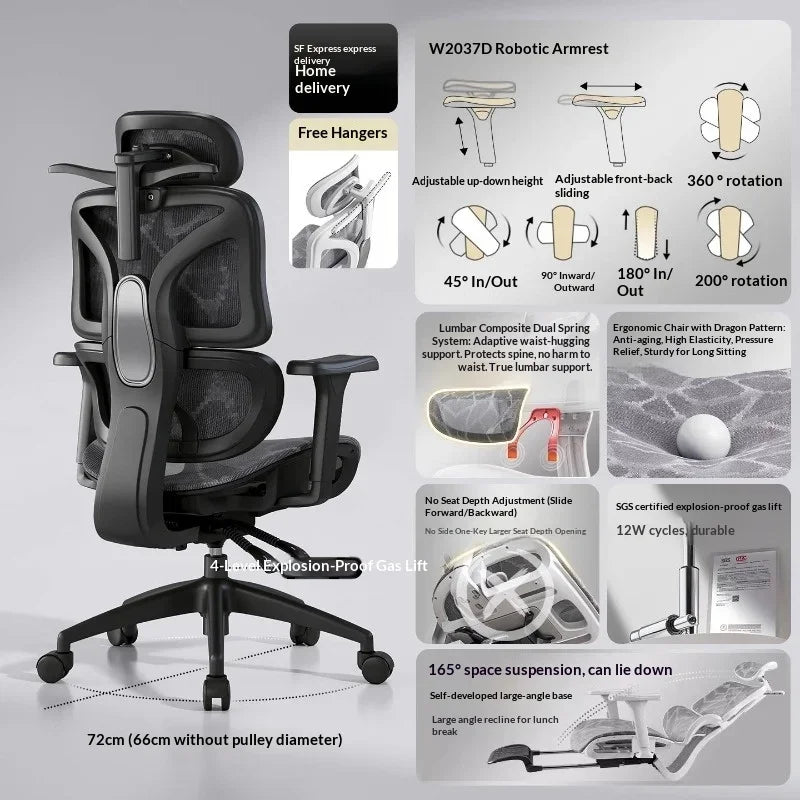 Mesh Office Chair Ergonomic Adjustable Lumbar Swivel Reclining Headrest Rolling Casters Home Office Office Chair Gaming Chair