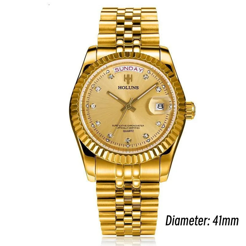 Relojes de hombre Holuns Luxury Classic de 36/41 mm en oro, con movimiento de cuarzo MIYOTA de Japón, de acero inoxidable, reloj de pulsera clásico de negocios, resistente al agua