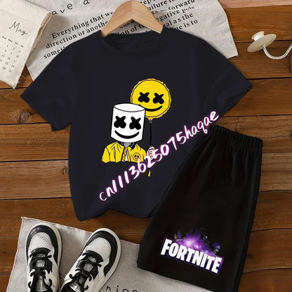 Sommer-Fortnite-T-Shirt und Shorts für Jungen und Mädchen, 2-teiliges Kinder-Set mit Oberteil und Hose, Fortress-Night-Print, Geschenk