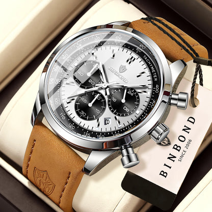 Orologio cronografo BINBOND al quarzo, robusto e preciso, da uomo, di lusso, con data automatica, luminescente e impermeabile, in stile casual.