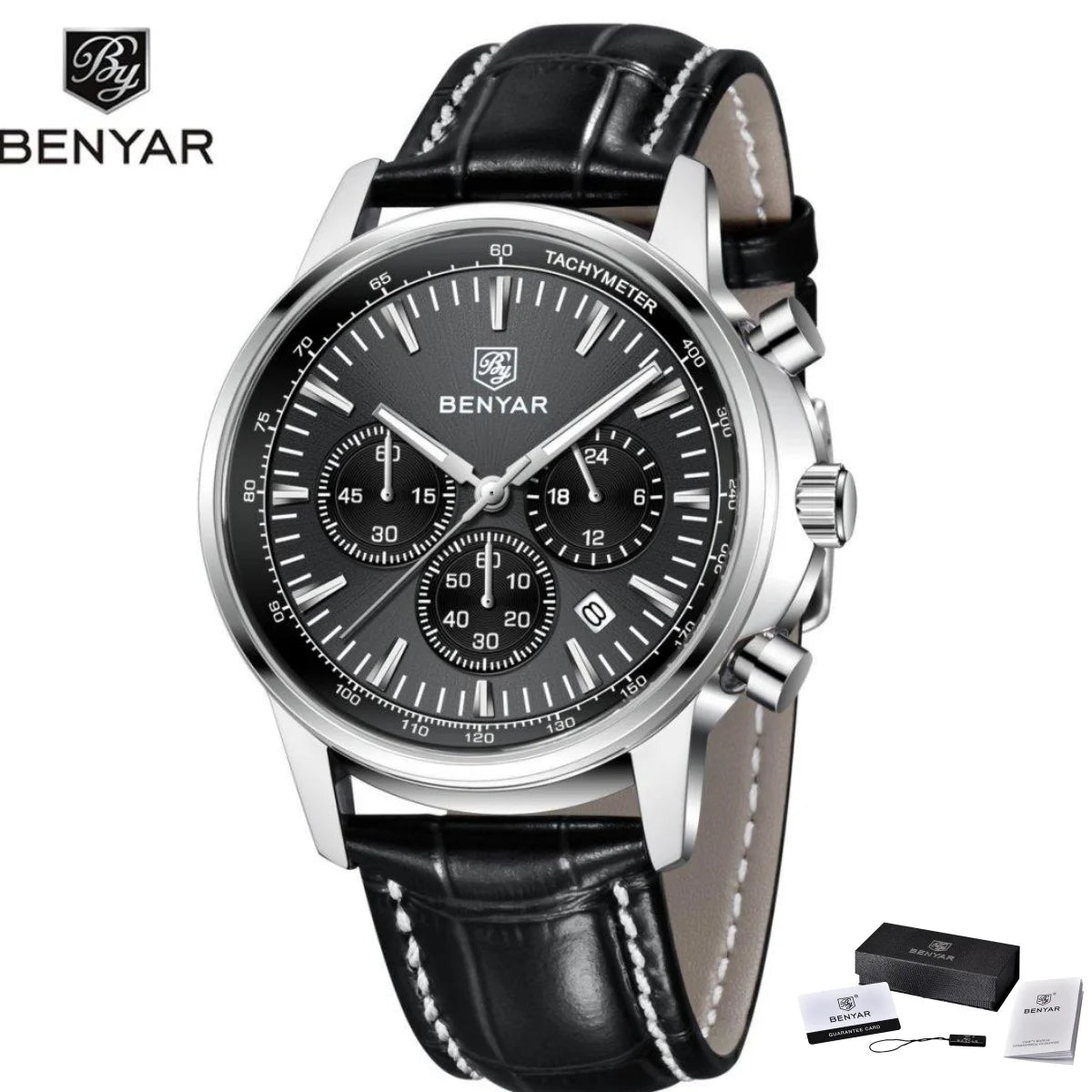 Orologio di lusso da uomo Benyar – Cronografo con datario, cinturino in pelle, impermeabile, luminescente, stile sportivo e militare, orologio al quarzo
