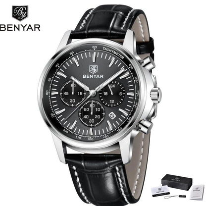 Orologio di lusso da uomo Benyar – Cronografo con datario, cinturino in pelle, impermeabile, luminescente, stile sportivo e militare, orologio al quarzo