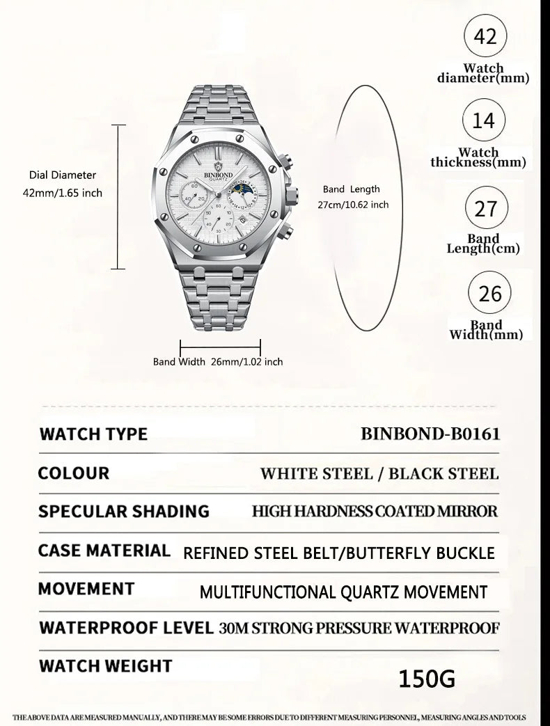 Montre-bracelet à quartz BINBOND pour homme, chronographe de luxe luminescent, en acier inoxydable, étanche, avec date et calendrier