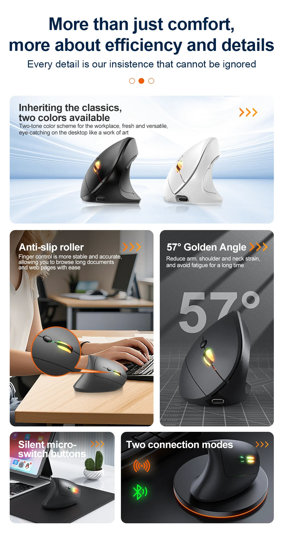 2.4G Bluetooth Wireless Vertical Mouse Rechargeable Ergonomic 1600DPI Adjustable Gaming Mouse 6Buttons for Laptop PC Computer