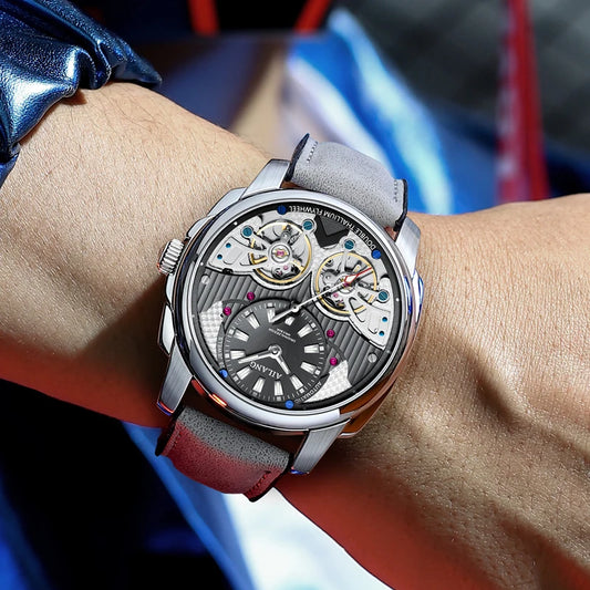 Orologio da uomo AILANG – Orologio da polso meccanico a carica automatica, impermeabile, in stile sportivo e militare, dotato di doppio tourbillon e cinturino in pelle
