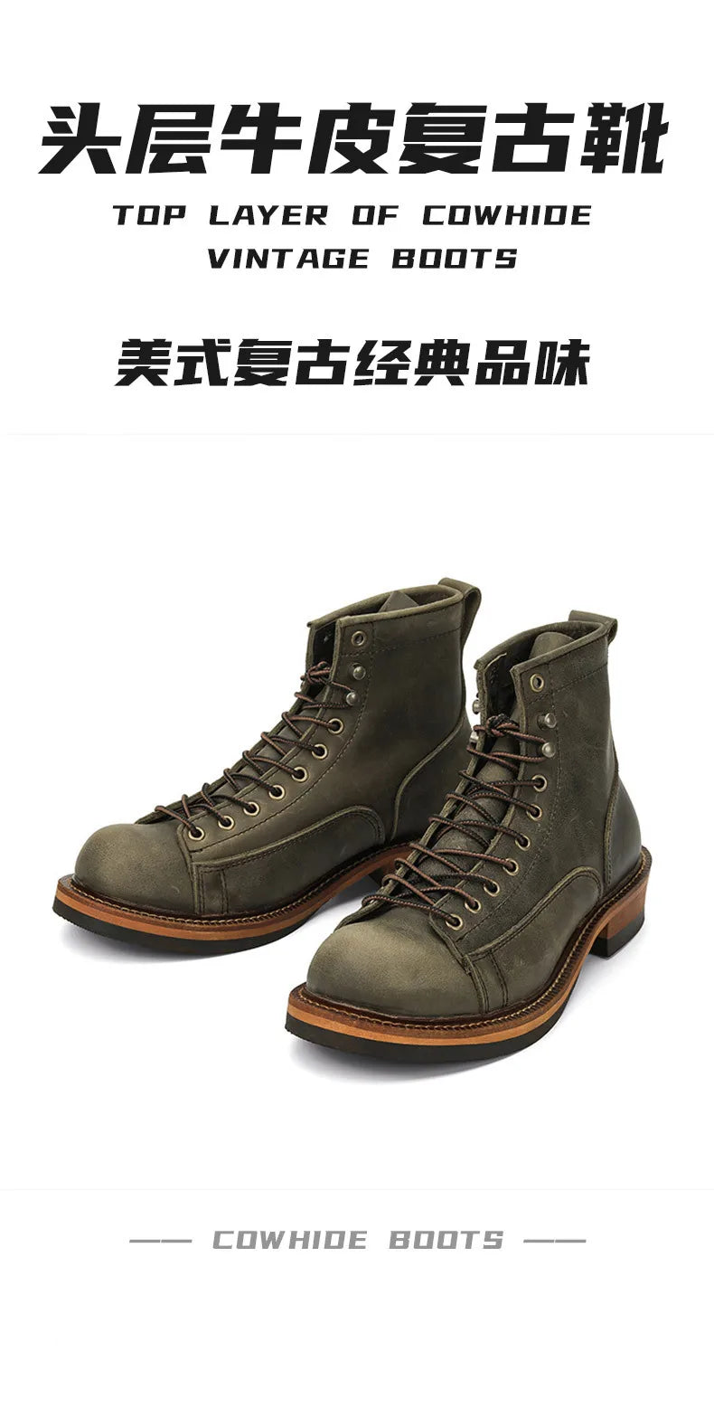 KOWM Cowhide Hiking Shoes Men's Walking Boot British Trekking Shoes Thick-Soled Cowhide High-Top Motorcycle Boots Ankle Sneakers