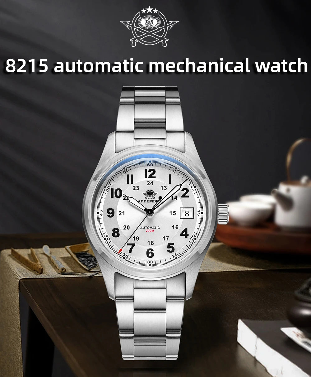 ADDIESDIVE Men's Retro Mechanical Watch Sapphire Mirror Glass Stainless Steel Watch BGW9 Luminous 200m Waterproof Analog Watch
