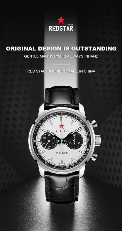 Red Star Panda Mens 1963 Chronograph Mechanical Wristwatch Seagull st1901 Movement Gooseneck 40mm Luminous Sapphire Pilot Watch