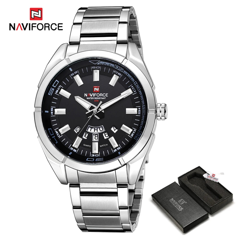 Orologio da uomo NAVIFORCE, interamente in acciaio, impermeabile, stile casual, movimento al quarzo con datario – Orologio da polso di lusso da uomo, di un marchio di primo piano.