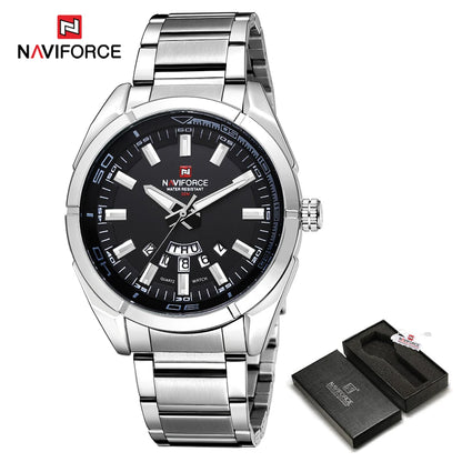 Orologio da uomo NAVIFORCE, interamente in acciaio, impermeabile, stile casual, movimento al quarzo con datario – Orologio da polso di lusso da uomo, di un marchio di primo piano.