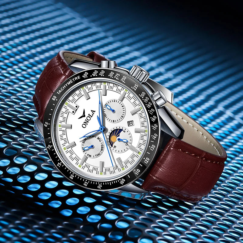 Orologio meccanico da uomo ONOLA – Orologio automatico di lusso dallo stile casual, con cinturino in pelle e quadrante traforato