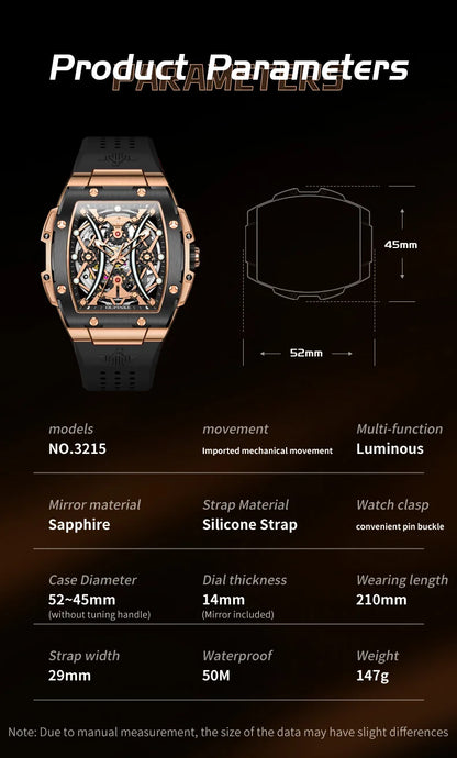 OUPINKE Men's Watches Classic Luxury Tonneau Dial Top Brand Original Automatic Mechanical Wristwatch Silicone Strap Sapphire New