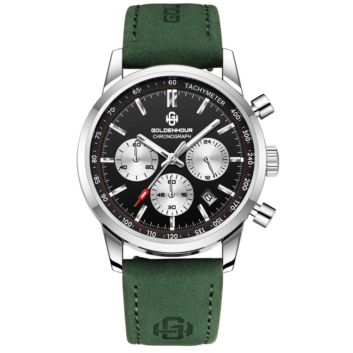 Orologio di lusso da uomo GOLDENHOUR – Cronografo al quarzo, quadrante verde, cinturino in pelle, impermeabile, luminescente, stile militare e sportivo