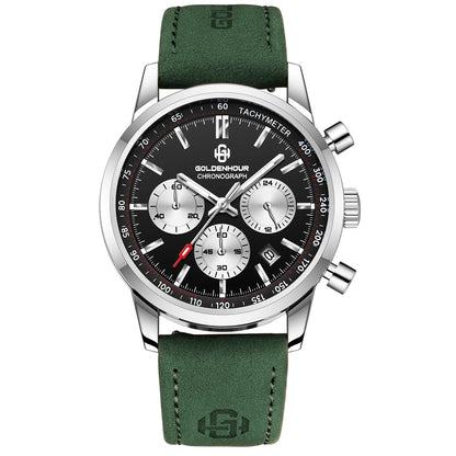 Orologio di lusso da uomo GOLDENHOUR – Cronografo al quarzo, quadrante verde, cinturino in pelle, impermeabile, luminescente, stile militare e sportivo