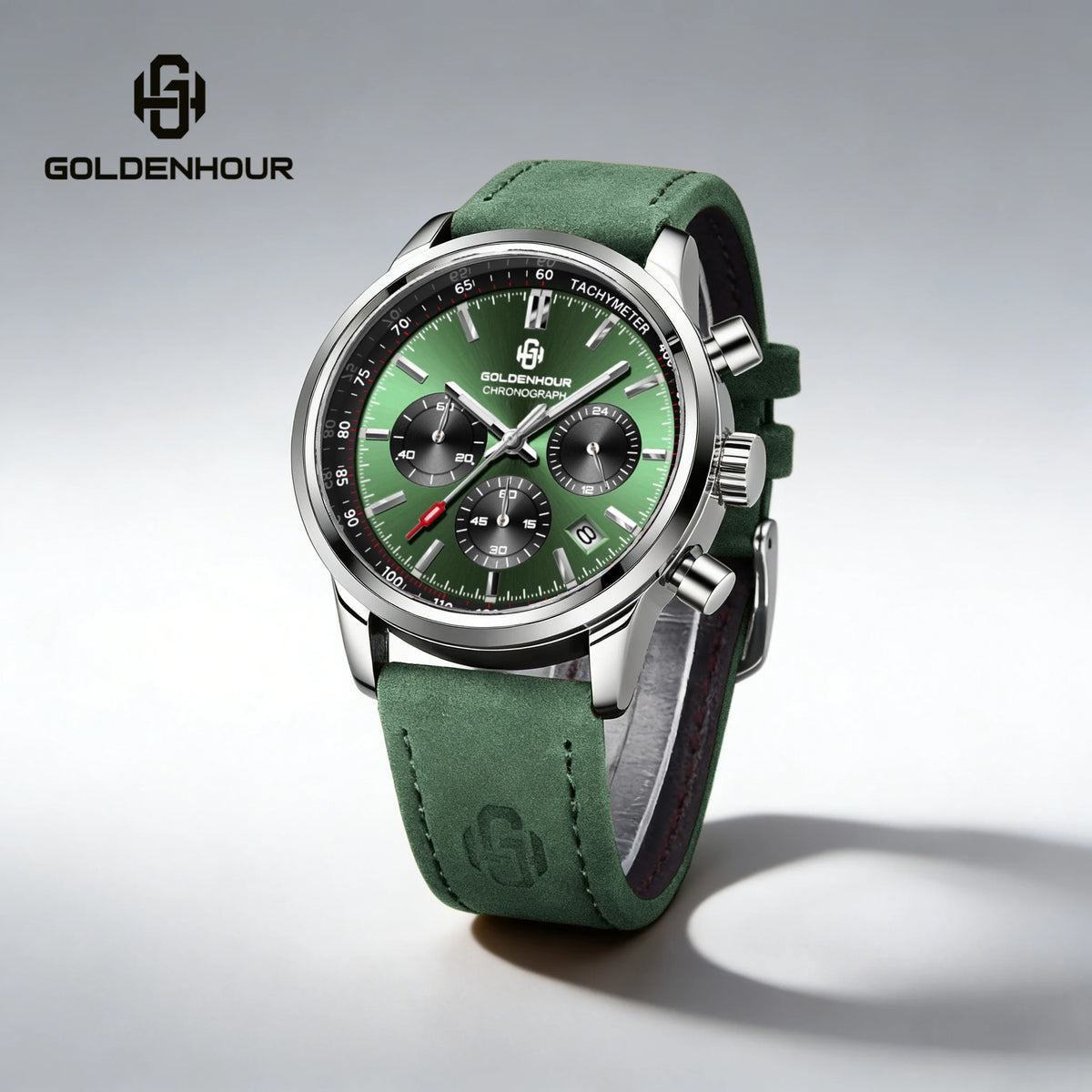 Orologio di lusso da uomo GOLDENHOUR – Cronografo al quarzo, quadrante verde, cinturino in pelle, impermeabile, luminescente, stile militare e sportivo