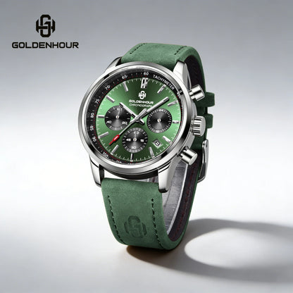 Orologio di lusso da uomo GOLDENHOUR – Cronografo al quarzo, quadrante verde, cinturino in pelle, impermeabile, luminescente, stile militare e sportivo