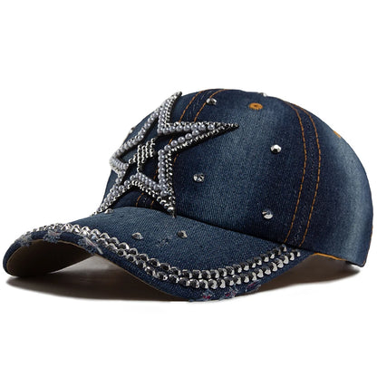 Y2K Pentagram Denim Cloth Baseball Cap Women Fashion Vintage Snapback Men Female Hip hop Shiny Rhinestone Hat For Spring Autumn