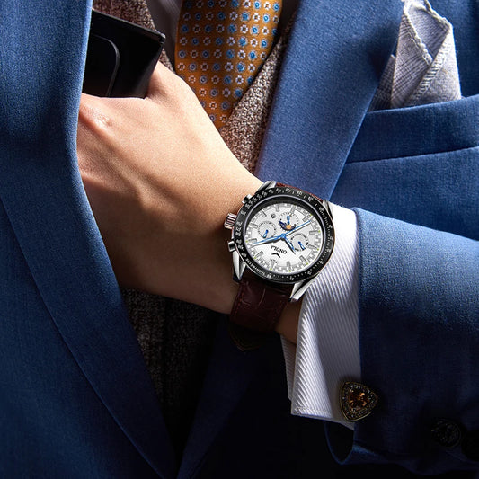 Orologio meccanico da uomo ONOLA – Orologio automatico di lusso dallo stile casual, con cinturino in pelle e quadrante traforato