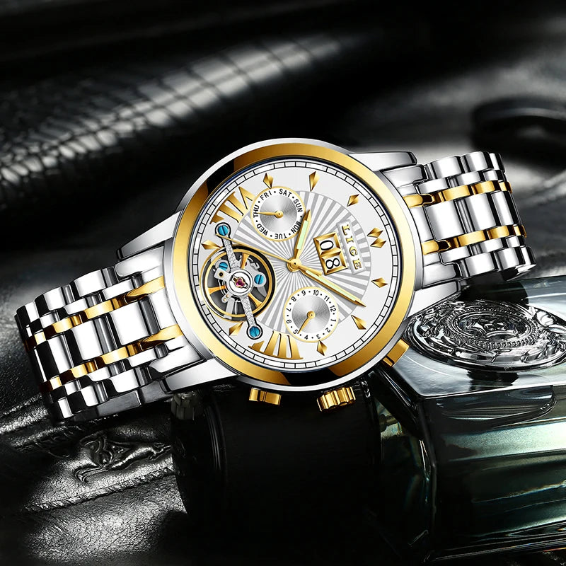 Męskie zegarki mechaniczne z automatycznym mechanizmem marki LIGE – luksusowy zegarek z najwyższej półki z tourbillonem, elegancki i wodoodporny, idealny do pracy lub na uroczyste okazje.