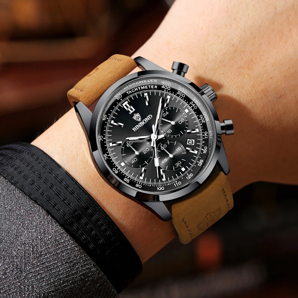 Orologio cronografo BINBOND al quarzo, robusto e preciso, da uomo, di lusso, con data automatica, luminescente e impermeabile, in stile casual.