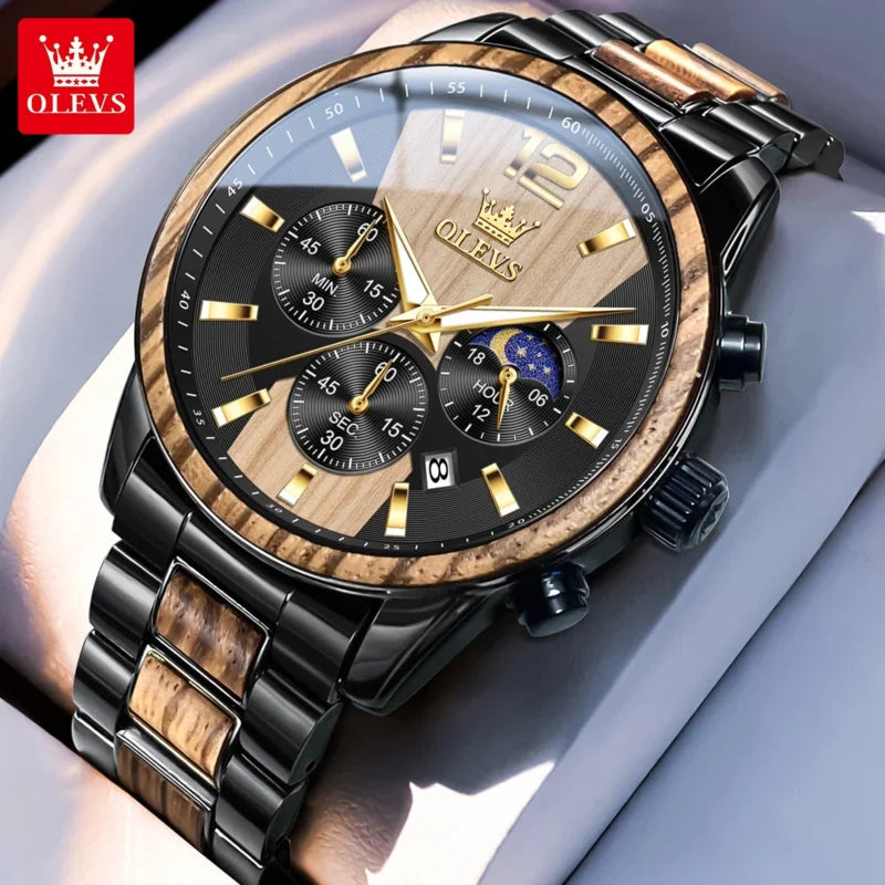 Orologio da uomo OLEVS 3645 in legno, di lusso, con illuminazione notturna, cronografo multifunzionale, al quarzo, stile retrò, orologio sportivo di tendenza.