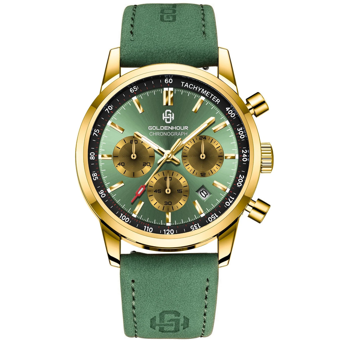 Orologio di lusso da uomo GOLDENHOUR – Cronografo al quarzo, quadrante verde, cinturino in pelle, impermeabile, luminescente, stile militare e sportivo