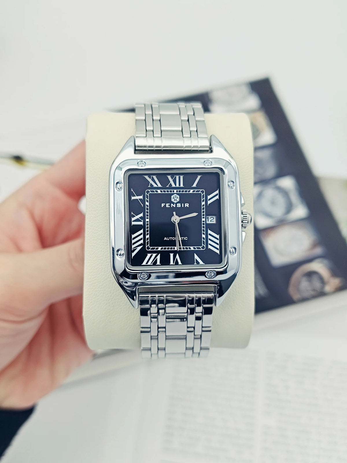 Montre carrée pour homme — Bracelet en acier inoxydable, affichage de la date