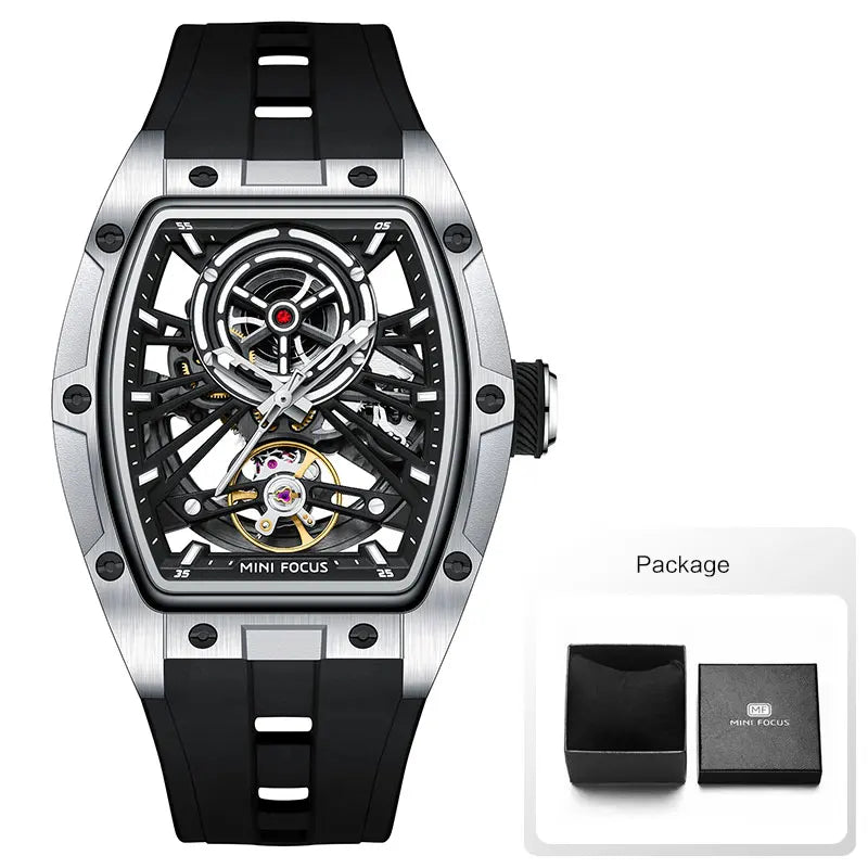 Reloj de pulsera MINI FOCUS para hombre, negro, a la moda, resistente al agua, mecánico automático, con manecillas luminosas, correa de silicona y esfera tonneau