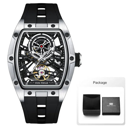 Reloj de pulsera MINI FOCUS para hombre, negro, a la moda, resistente al agua, mecánico automático, con manecillas luminosas, correa de silicona y esfera tonneau