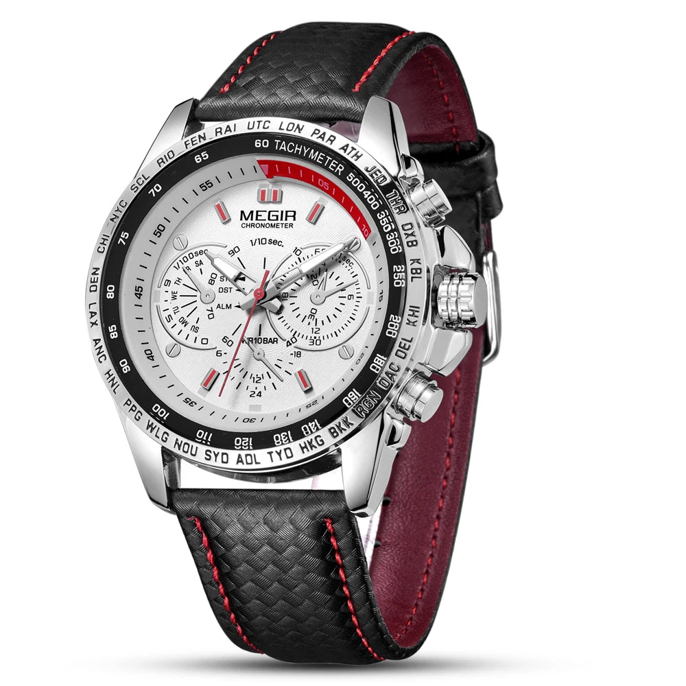 Relógio de pulso analógico de quartzo para homem MEGIR – Relógio de luxo à prova de água com bracelete em pele, estilo descontraído, modelo 1010 (preto)