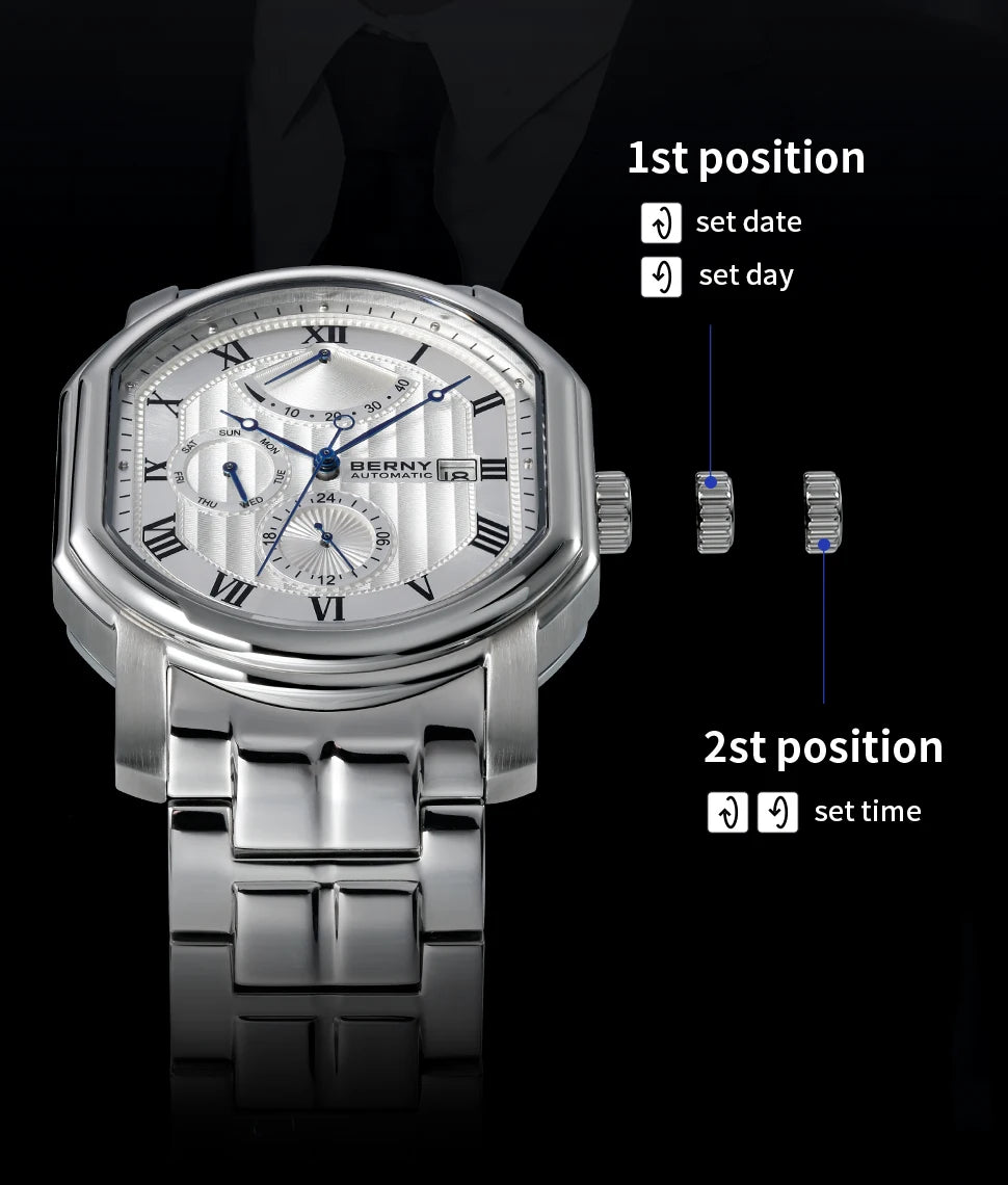 BERNY Men Mechanical Watch Top Accuracy Move Automatic Wristwatch Luxury Male Clock Sapphire Self-Winding Men's Watch Waterproof